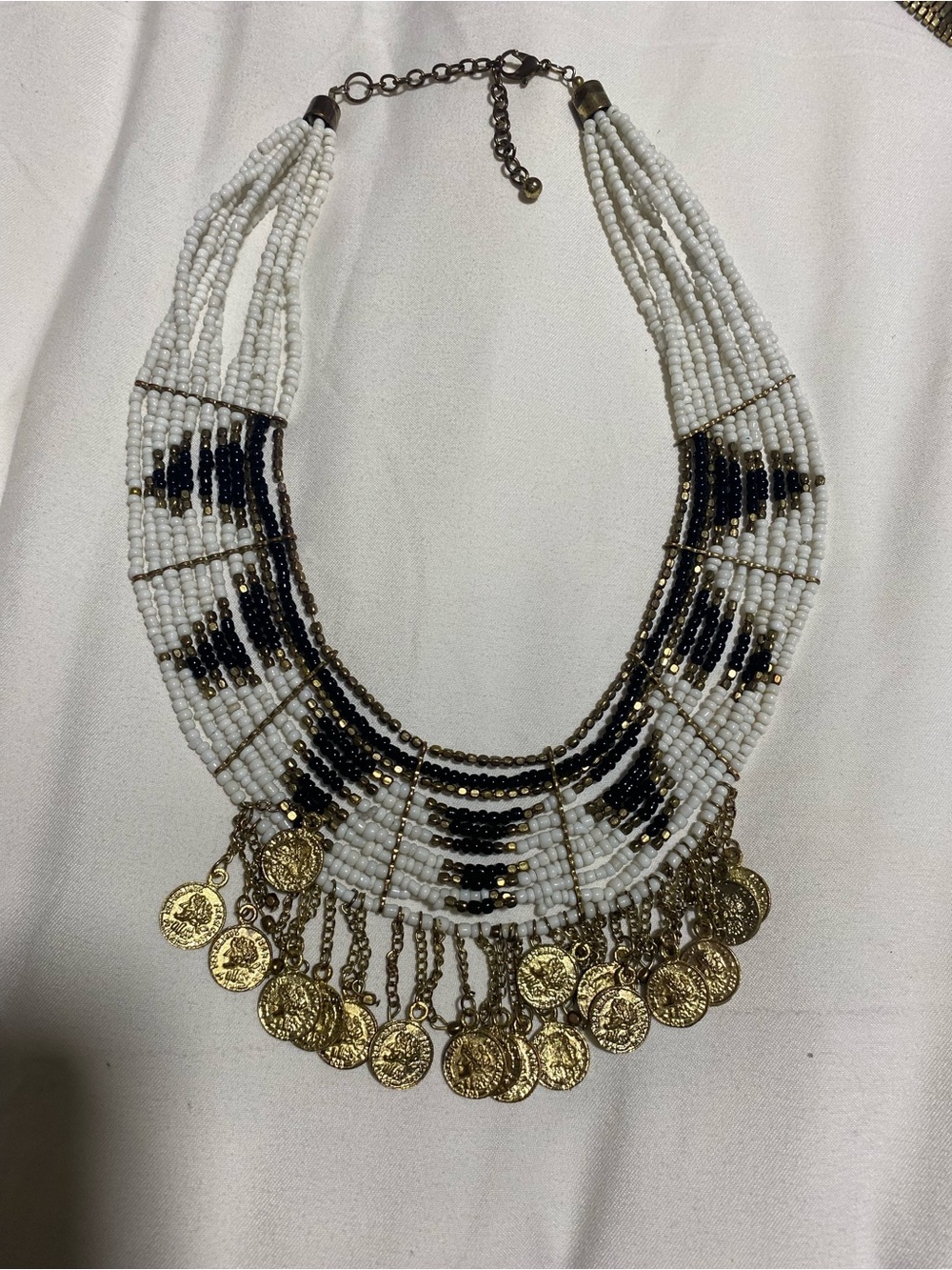 White & Black Beaded Coin Bib Necklace with Gold Accents